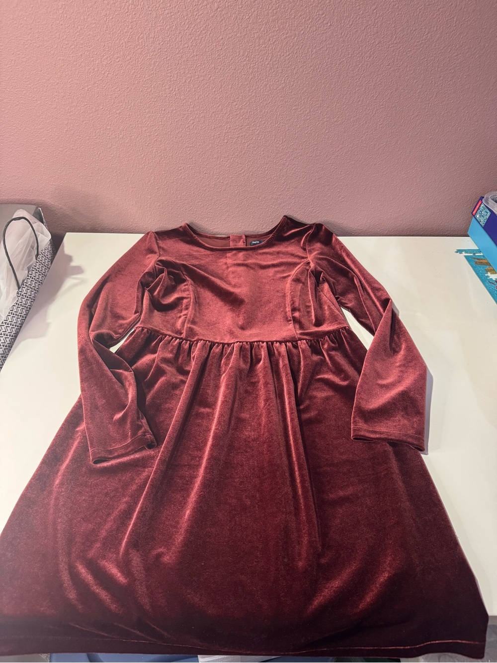 GAP Girls Velvet Long Sleeve Dress - Burgundy Red